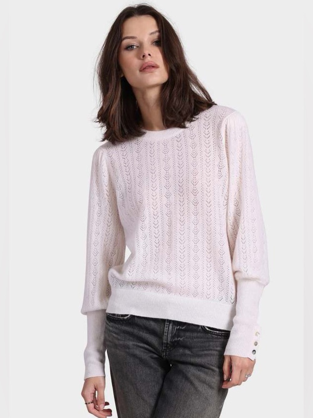 Minnie Rose cashmere cream Open-Knit Crewneck Sweater